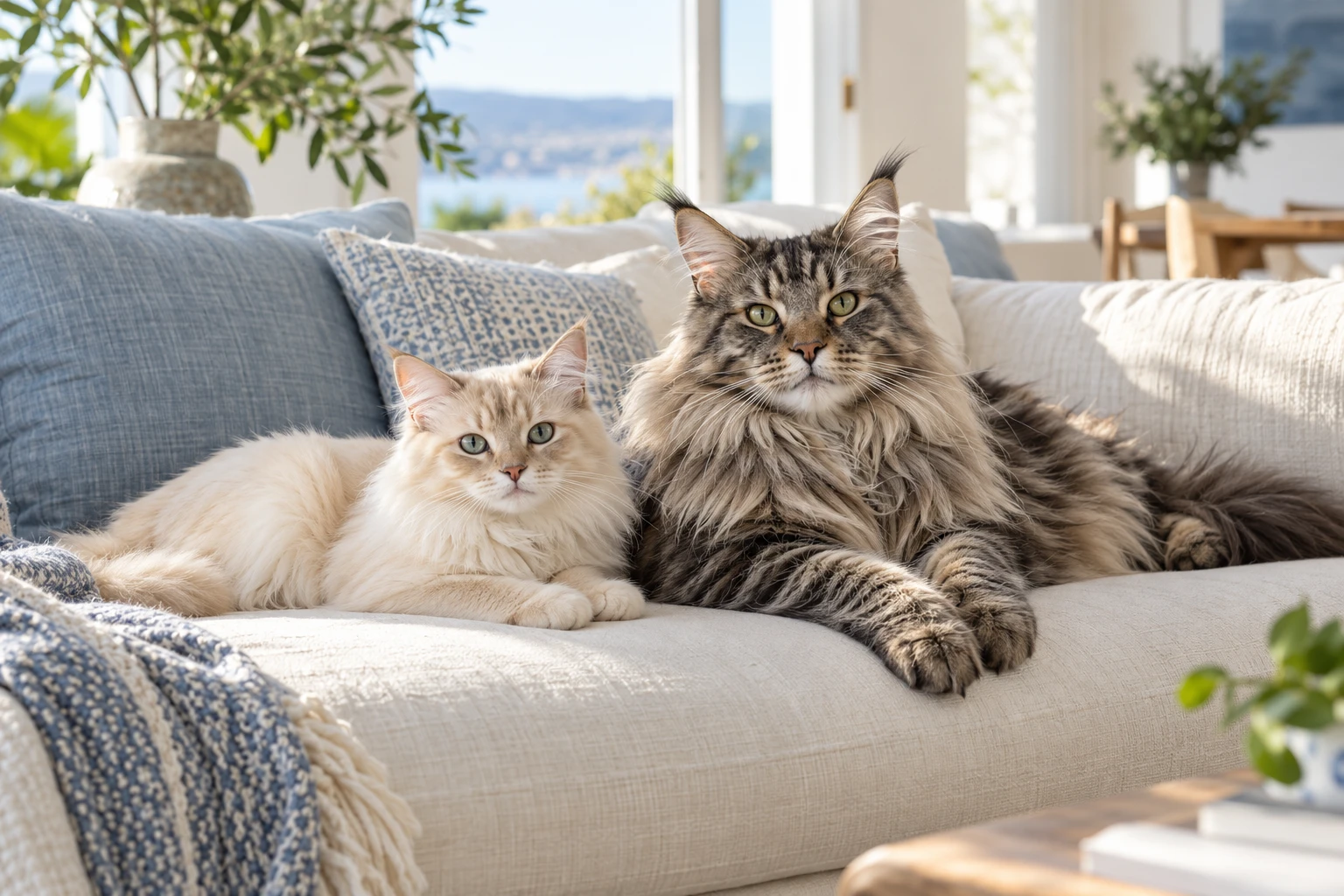 Two contented cats sharing a sunlit sofa