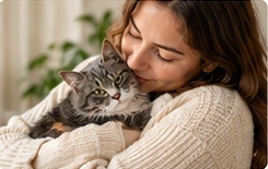 A caregiver gently cuddling a cat