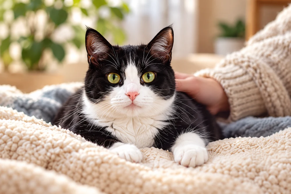 A tuxedo cat relaxing beside a gentle hand in a welcoming home