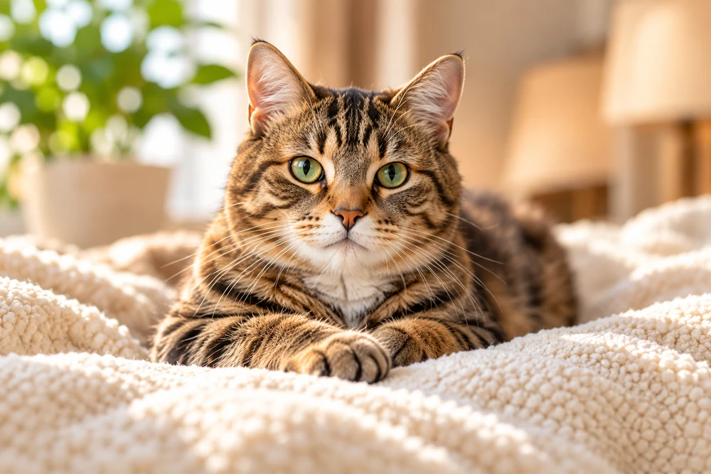 An adult brown tabby resting in a sunlit home