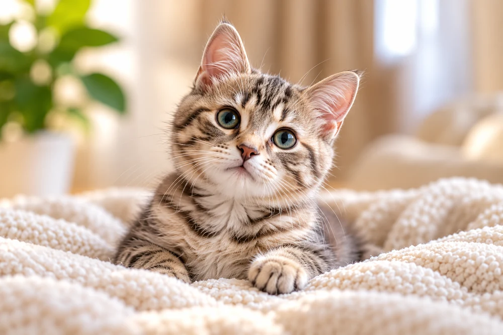 A silver tabby kitten resting on an ivory blanket