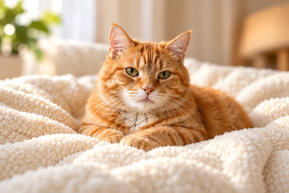 A ginger cat resting comfortably on an ivory blanket