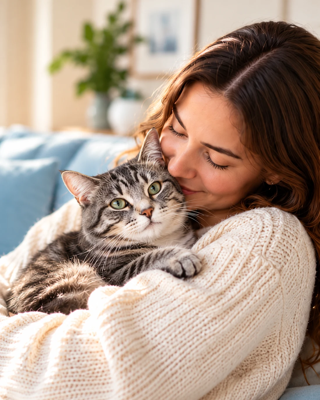 A woman in an ivory sweater cuddles a relaxed gray tabby in a sunlit home