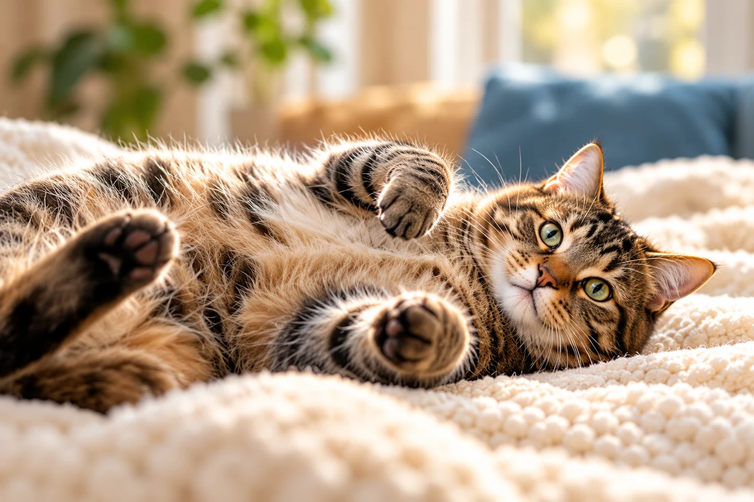A playful tabby reclining comfortably on an ivory blanket