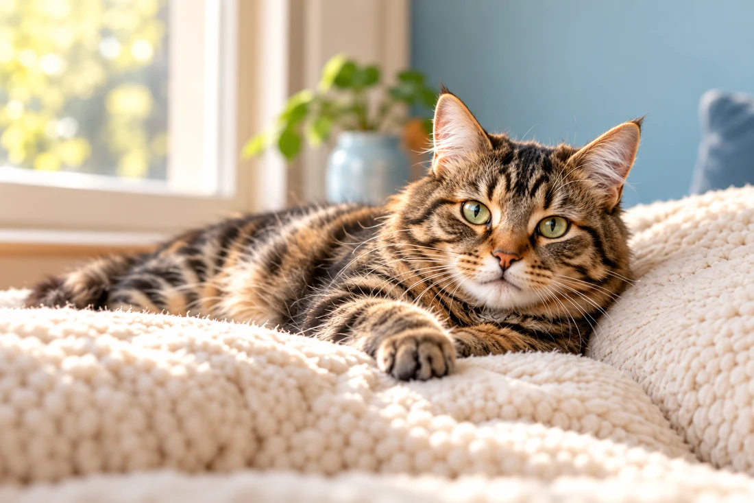 A relaxed brown tabby resting beside a sunny window
