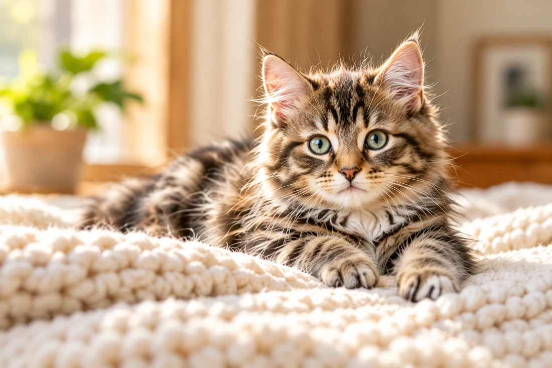 A fluffy tabby kitten resting on an ivory blanket