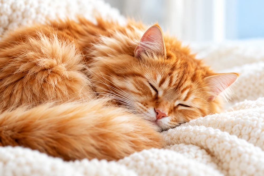 A fluffy ginger cat sleeping peacefully on an ivory blanket