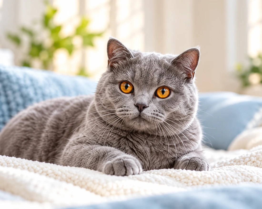 A blue-gray British Shorthair with copper eyes
