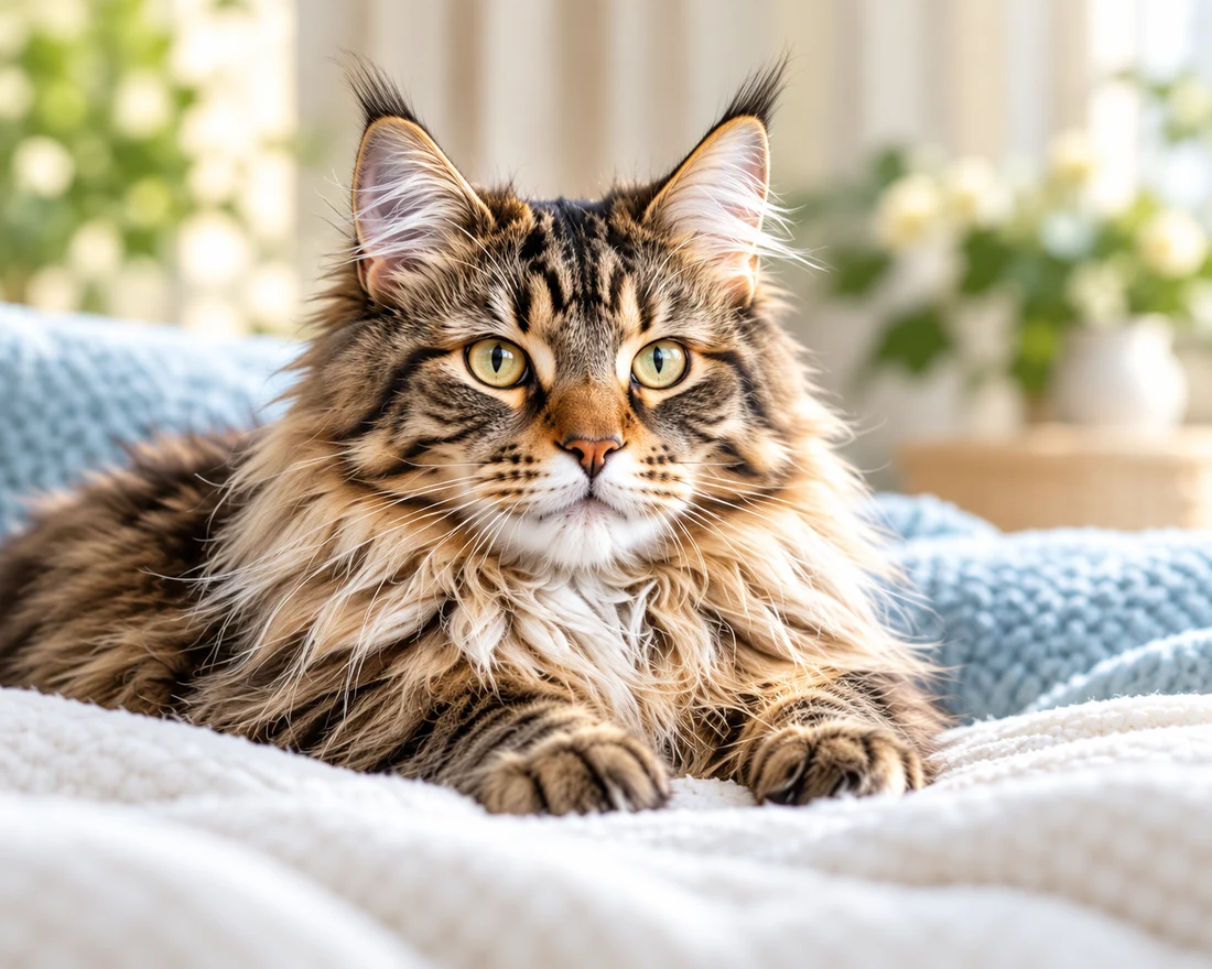 A brown tabby Maine Coon with tufted ears and a long mane