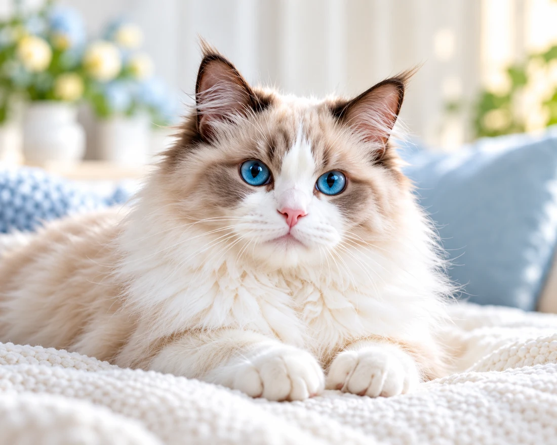 A fluffy bicolor Ragdoll with blue eyes