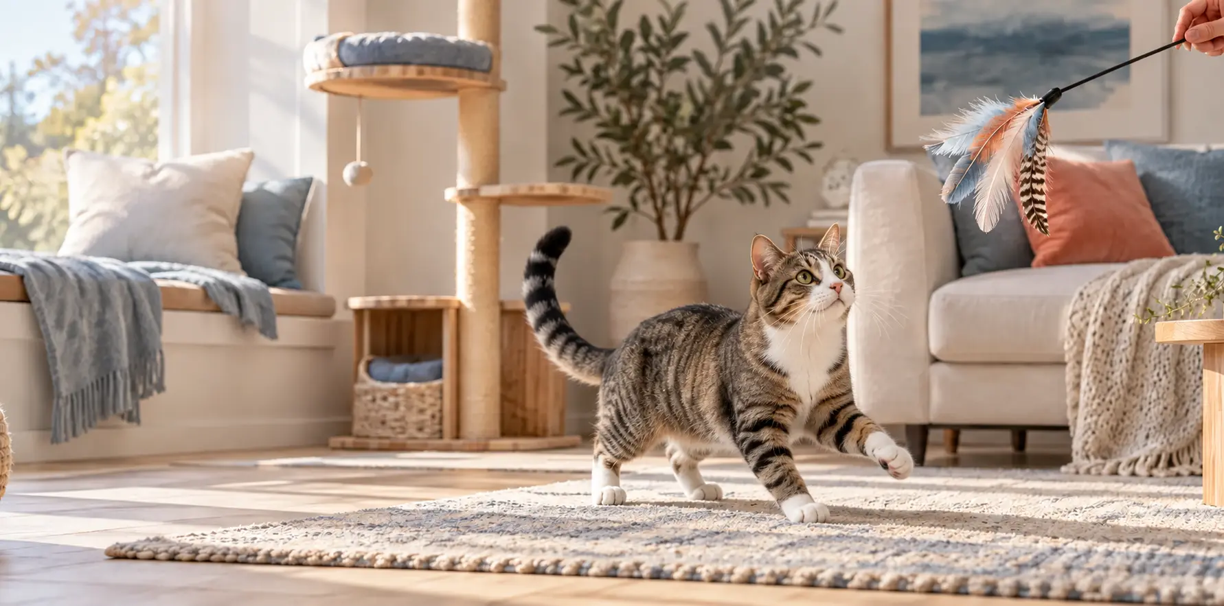 A relaxed cat displaying focused play behavior in an enriched home