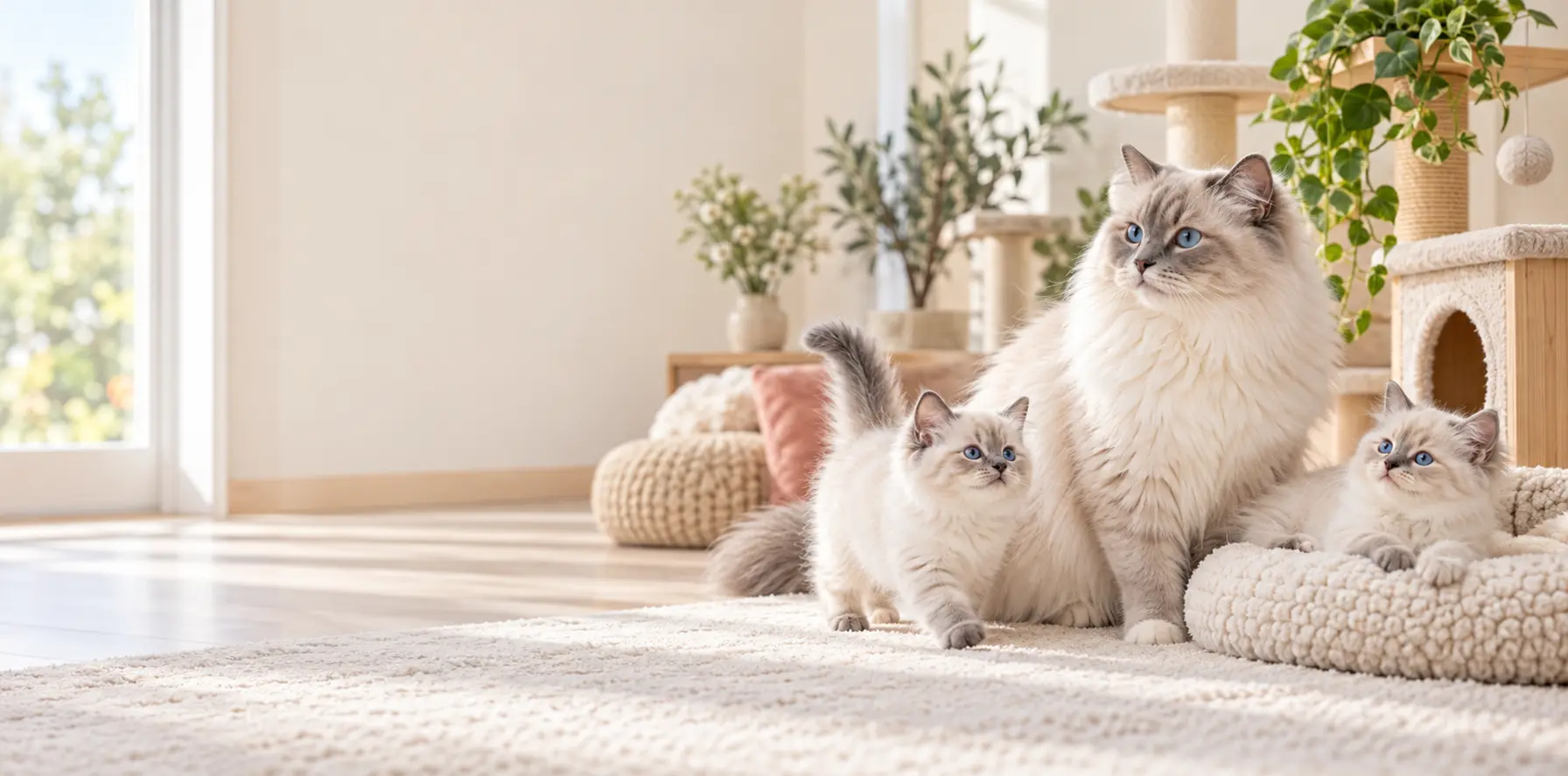 An adult cat and two kittens in a spacious home environment
