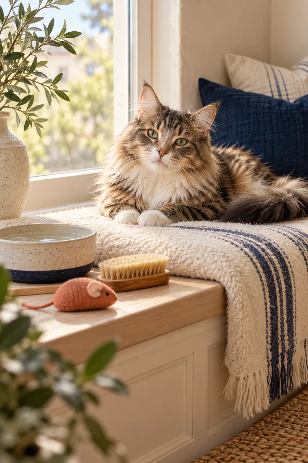 A relaxed cat in a comfortable home with water, a grooming brush and a favorite toy