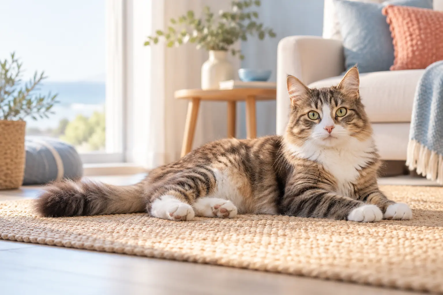 A relaxed tabby cat resting in a bright, comfortable home