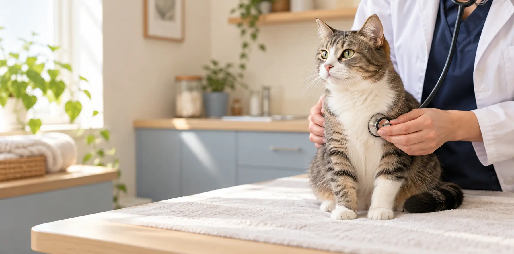 A calm cat receiving a gentle wellness examination from a veterinarian