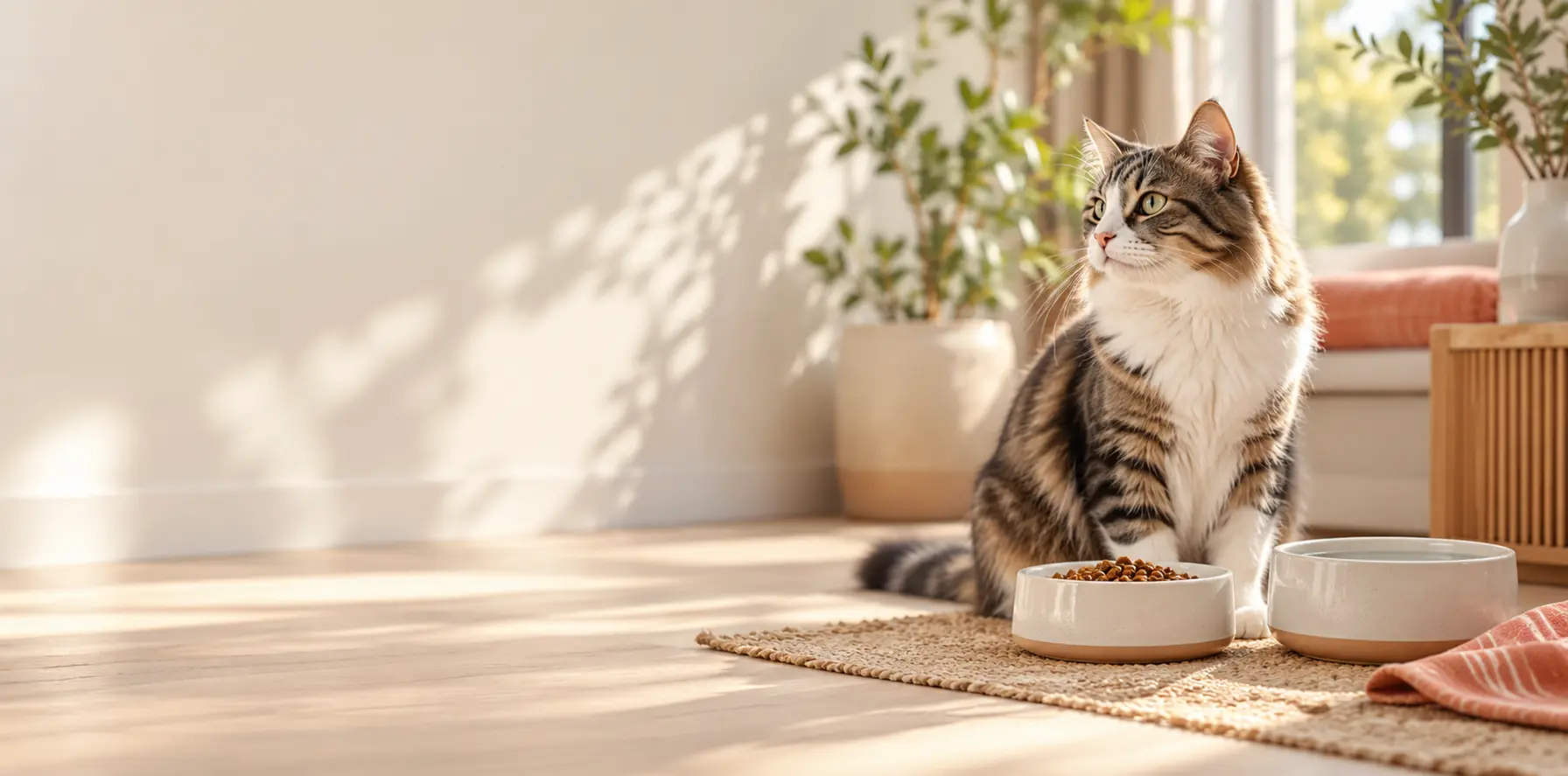 A healthy cat beside food and water bowls in a calm home