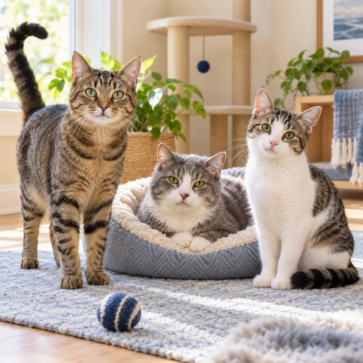 Three adoptable cats relaxing together in a bright foster home