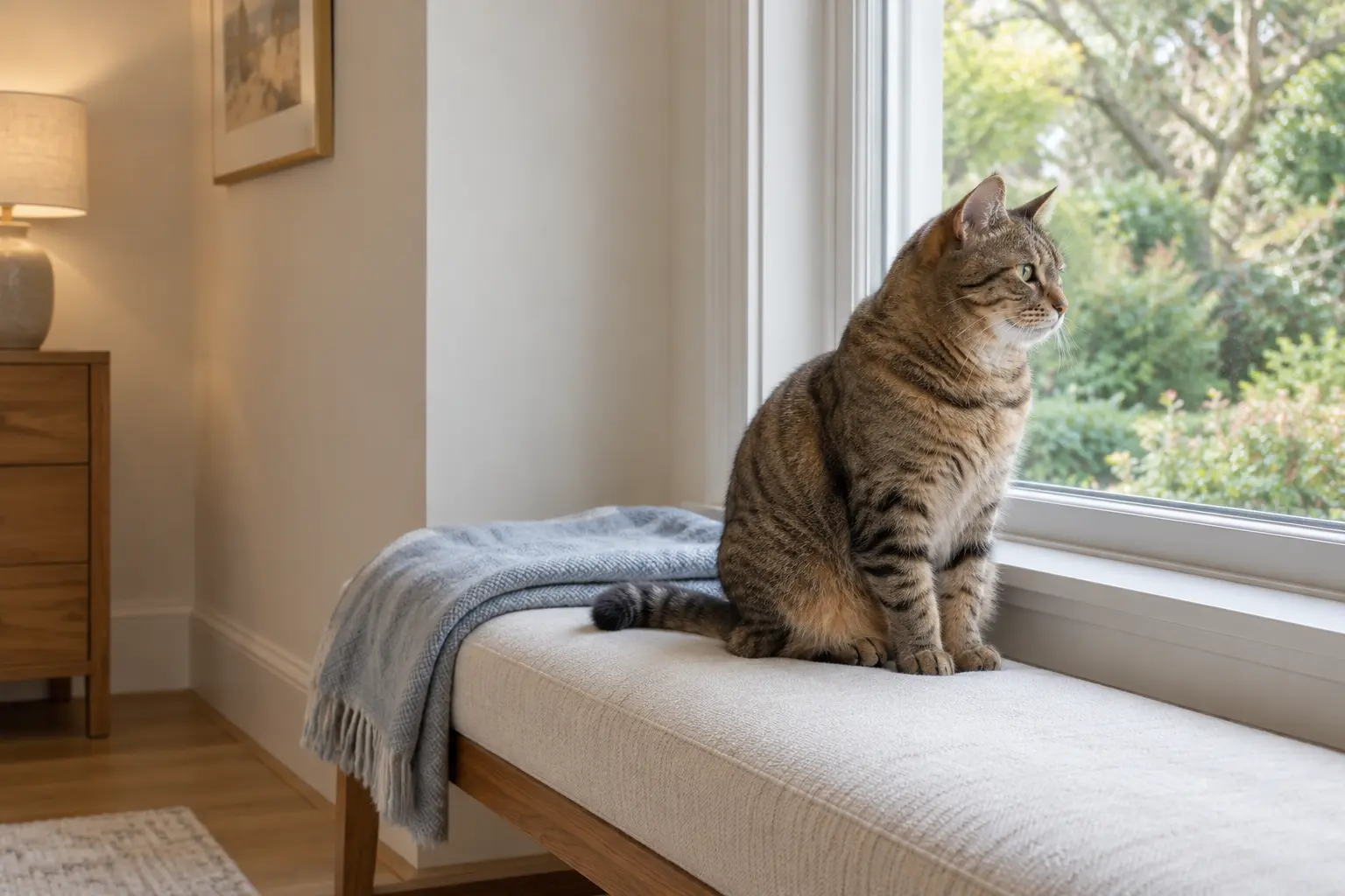 A tabby cat sitting on an ivory bench beside a closed window